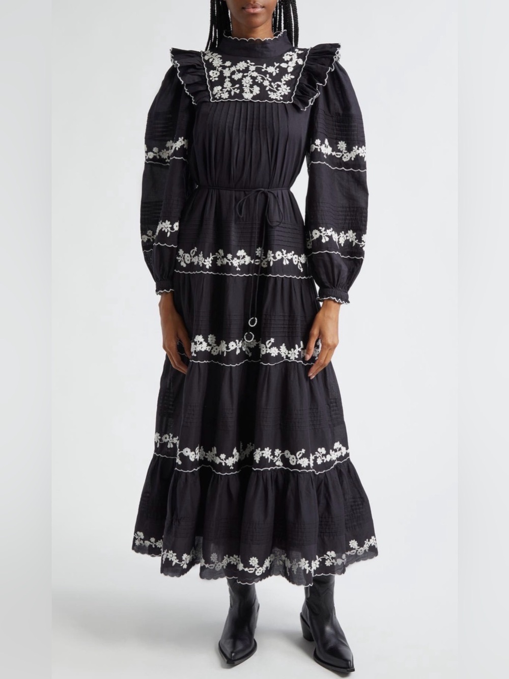 Farm Rio flower Embroidery long sleeve cotton Maxi Dress with White Floral Trim
